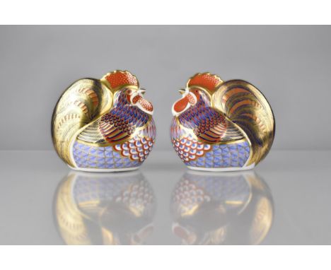 Two Royal Crown Derby Paperweights, Derby Cockerel, one with Gold and the Other with Silver Button 