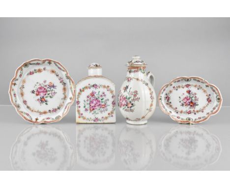 Four Pieces of Chinese Qing Dynasty Export Porcelain Decorated in the Famille Rose Palette to Comprise Lidded Jug, 13.5cms Hi