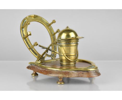 An Edwardian Novelty Equestrian Brass Ink Stand Having Oak Horseshoe Shaped Base Raised on Four Brass Feet with Brass Trim Bu