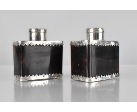 A Pair of George V Silver Mounted and Tortoiseshell Tea Caddy Flasks, London Hallmark 7cm High 