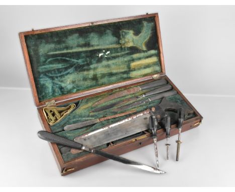A Late Victorian/Edwardian Mahogany Cased Surgical Kit to Comprise Simpson Chequered Handled Knives, Saw, Brass and Cloth Tou