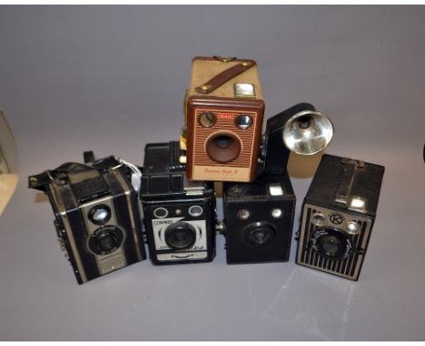 Selection of Box Cameras: Kodak Brownie Flash 4, Kodak Duaflex, Cased Brownie Model E, Brownie Model B, Brownie Junior, Conwa