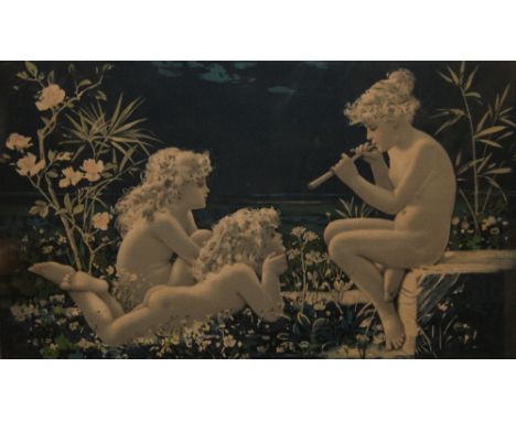 After W. S. Coleman, print on silk 'Moonlight Melody', "Issued in Christmas number of the Gentlewoman magazine 1889". Mounted