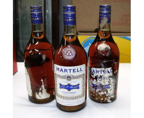 Three 24floz bottles of Martell Cognac (2 labels a.f.)