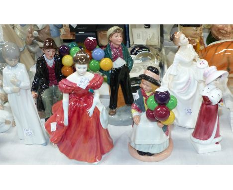 Royal Doulton figures Carol HN 2961, Winsome HN 2220, Balloon Boy HN  2934, Balloon Girl HN 2818, Balloon Man HN 1954 Sophie 