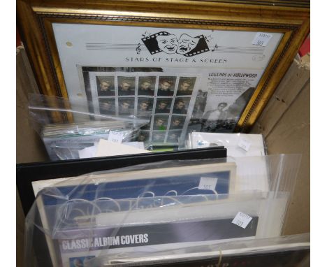 A collection of stamps in packets including David Bowie, Rock Albums, Thunderbirds, Royal Family, BT phone cards etc. and Jam