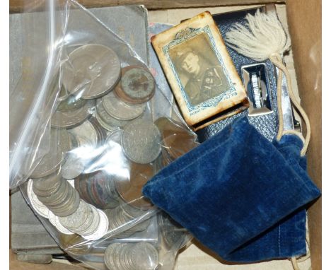 A selection of pre-decimal copper and silver coins etc. WWII post cards, opera glasses etc.