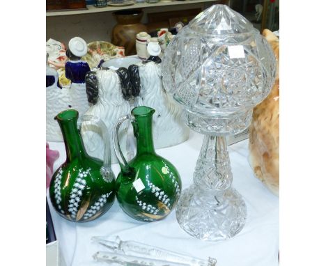 A 1930's cut glass table lamp with mushroom shade; 2 19th century green glass wine jugs with lily of the valley