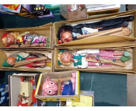 A Pelham puppet theatre; 5 Pelham puppets:  "Dutch Girl"; "Tyrolean Boy" & "Girl"; "Witch"; & "Pinky" or "Perky", in original