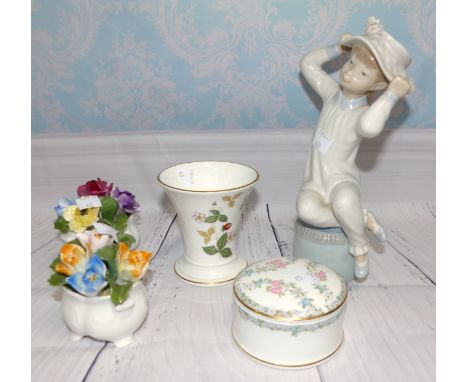 A Lladro figure of a young boy in flowered hat, Wedgwood, Coalport and Aynsley trinket ware
