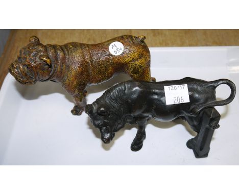 A bronze figure of a bull tethered to a post 41/2'' and a painted bronze figure of a bulldog