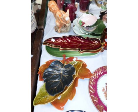 A Sylvac pottery figure of a red squirrel, a set of Carltonware leaf dishes etc. A Moorcroft lily pattern pin dish and 3 Worc