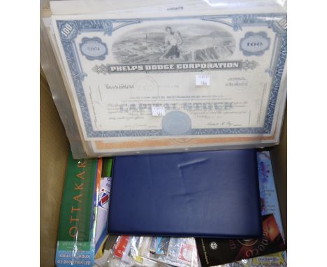 A collection of share certificates, a part collection of QV copper coins, GB stamps in packets etc.