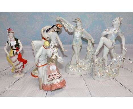 Two Russian lustre Art Deco style figures of dancers and 3 other dancing figures