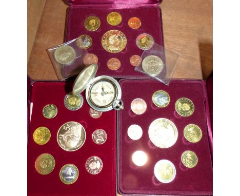 UK 2002 Pattern Euro coins, 3 sets cased; 2 GB 1996 £2 coins; a pocket compass