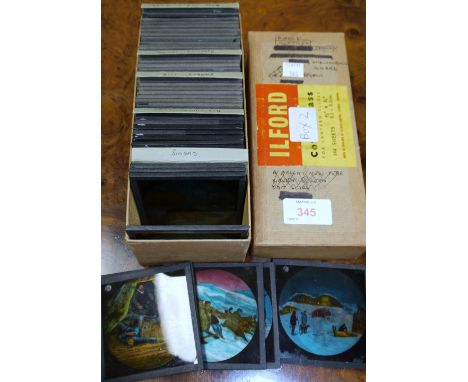 A collection of magic lantern slides, 48 chromo prints to include snakes, reptiles, birds, pantomime; another selection of ov
