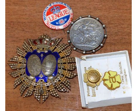 A Spanish gilt metal and enamel helmet plate, a GIV silver crown 1821 (brooch mounted) 2 other items