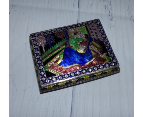 An Indian enamelled white metal rectangular cushion shaped box, 3½"
