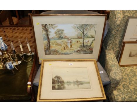 Hamilton Chapman, watercolour study depicting swans; and Hetty R Bays, watercolour study of field workers 