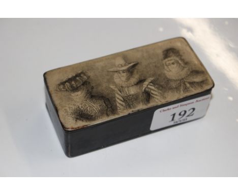 A 19th Century snuff box decorated with three figures to the hinged lid  