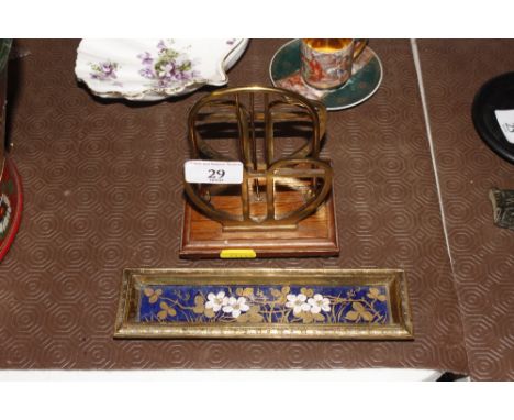 A brass and enamel decorated pen tray and an Art Deco design letter rack