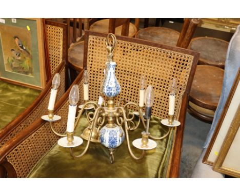 A pottery and brass Dutch style six light chandelier AF