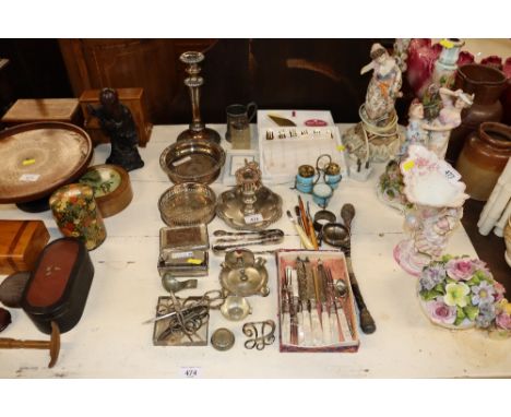A quantity of various platedware to include chamber candlestick, coasters, cutlery, a Bosuns cosh etc.