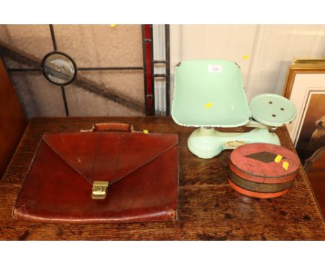 A set of enamel kitchen scales and weights and a vintage leather satchel 