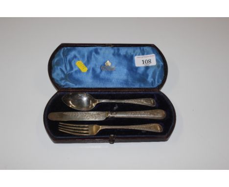 A cased silver Christening fork, spoon, and knife