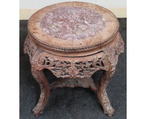 Late 19th/Early 20th century carved and piercework decorated Japanese plant stand with marble insert. Approx. 47cm H x 52cm D