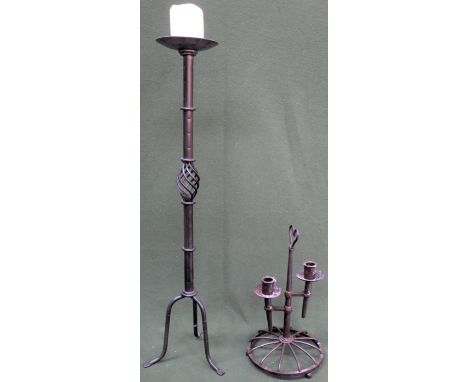 Victorian style cast iron double candle stand, plus 20th century tall candle stand on tripod supports

both reasonable used 