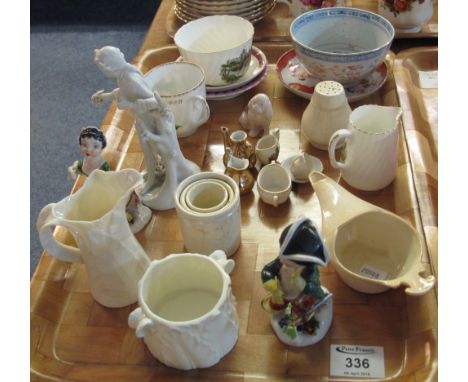 Tray of assorted china to include: Royal Worcester blush ivory leaf design jug and sucrier; Continental figurines; modern Chi