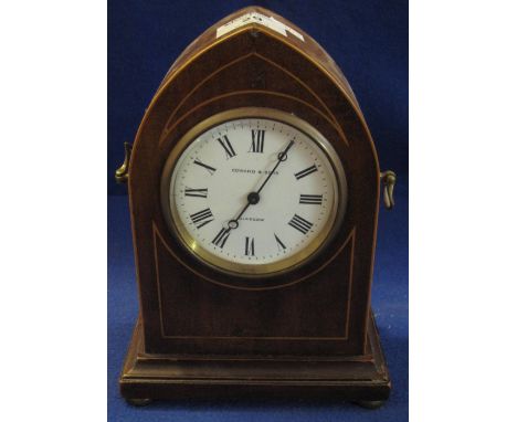 Edwardian inlaid mahogany lancet shaped boudoir clock with white enamel Roman numeral face marked: Edward and Sons, Glasgow, 