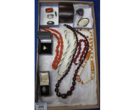 Tray of assorted jewellery to include: three Art Deco period bead necklaces; cube bracelet; three Victorian brooches; coral n