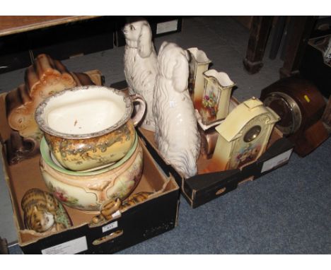 Two trays of assorted china to include: pair of reproduction Staffordshire style recumbent cats; chamber pots; pair of Staffo