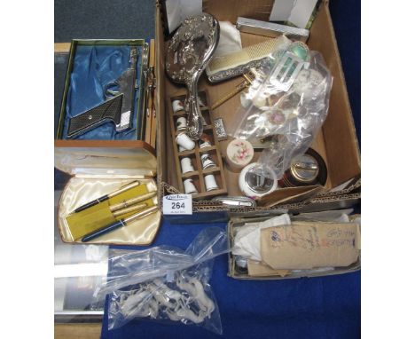 Box of assorted collectables to include: table lighters; costume jewellery; vanity mirror and brush; assorted thimbles; ceram