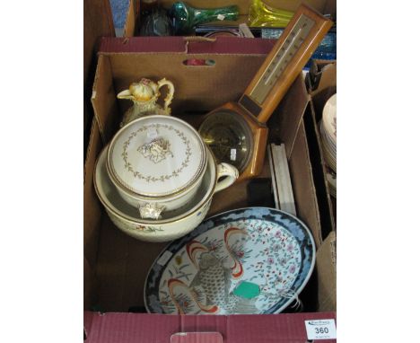 Tray of assorted items to include: vintage folding and other rulers; wall barometer; Japanese porcelain fish design charger; 
