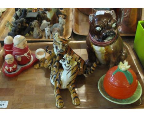 Novelty Majolica tobacco jar in the form of a pug dog, together with a Continental study of snarling tigers, together with Ca