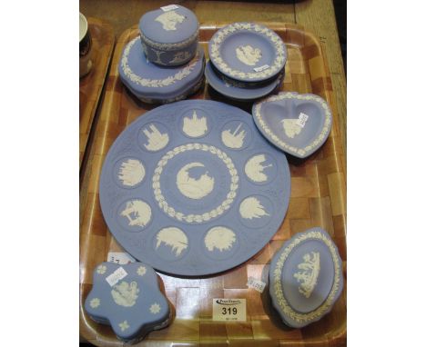 Tray of Wedgwood blue and white Jasper ware items to include: trinket boxes; pin dishes and 10th Anniversary Christmas plate,