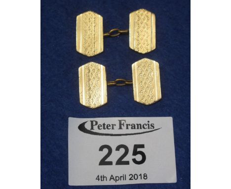 Pair of gentleman's yellow metal, engine turned cuff links, one stamped: 12ct front and back, the other stamped: 18ct front a
