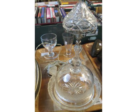 Tray of assorted glass to include: mushroom shaped cut glass table lamp; 19th Century pub rummer; vintage glass conical measu