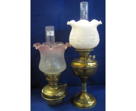 20th Century brass double burner oil lamp with brass reservoir on pedestal base, white glass shade and clear chimney, 58cm hi