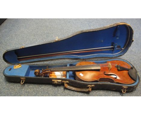 19th Century violin bearing printed label: 'Nicomus Amatins, Cremonien', the case with two piece back and double scribed outl