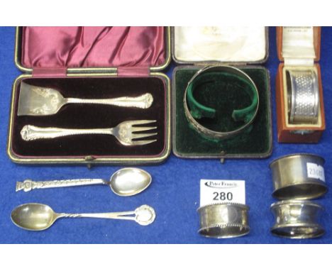 Bag of assorted silver items to include: Christening set; bangle; napkin rings and spoons.(B.P. 24% incl. VAT)