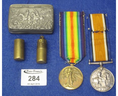Pewter rectangular hunting snuff box; brass pocket lighter and two World War I medals, marked: 68656 Private J. Shields, Live