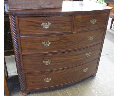 19th Century mahogany bow fronted chest of two short and three long drawers, on pad feet.(B.P. 24% incl. VAT)