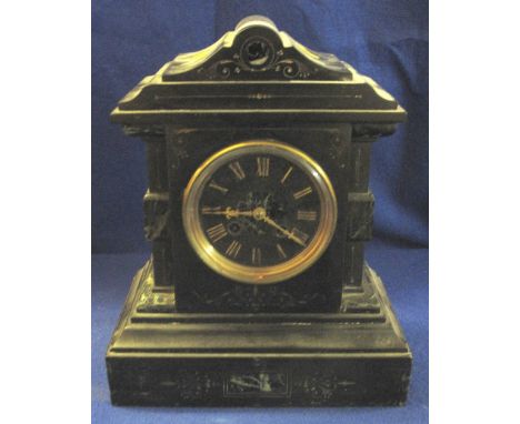 Late Victorian black slate and marble two train architectural mantel clock, 32cm high.(B.P. 24% incl. VAT)