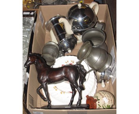 Tray of assorted china and metalware to include: chrome plated and ceramic tea service; Royal Staffordshire Chelsea Rose plat