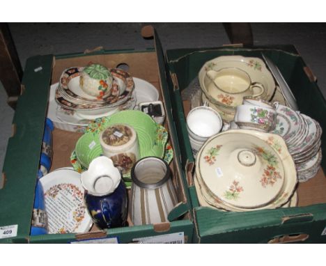 Tray of china to include Clarice Cliff 'Celtic Harvest' preserve pot; Crown Devon bowls; Aynsley casserole dish; vases etc.(B