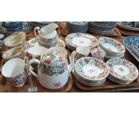 Two trays of Crown Staffordshire fine bone china floral teaware, various, to include: teacups and saucers; teapot; milk jug; 